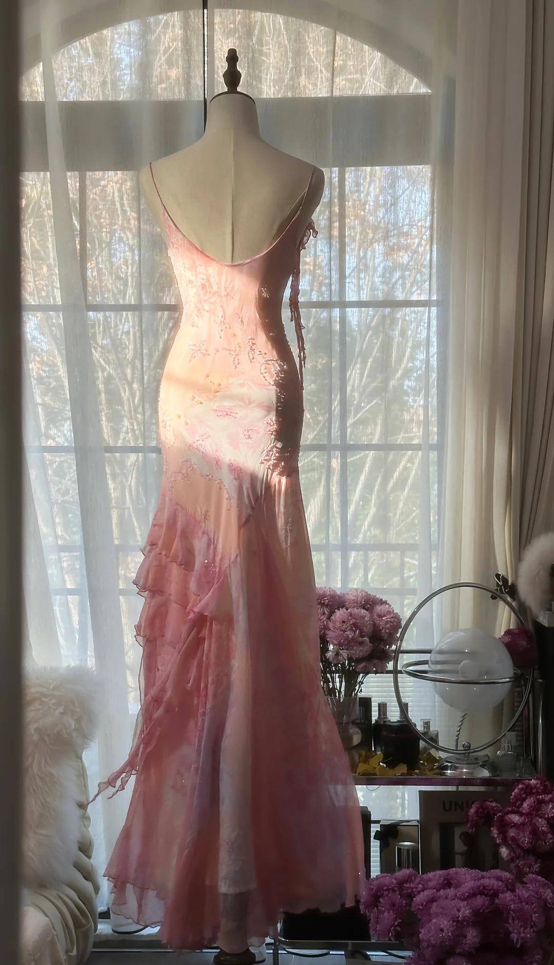 Classy Pink Spaghetti Straps Chiffon Beaded evening Dress Long Mermaid Birthday Party Dress