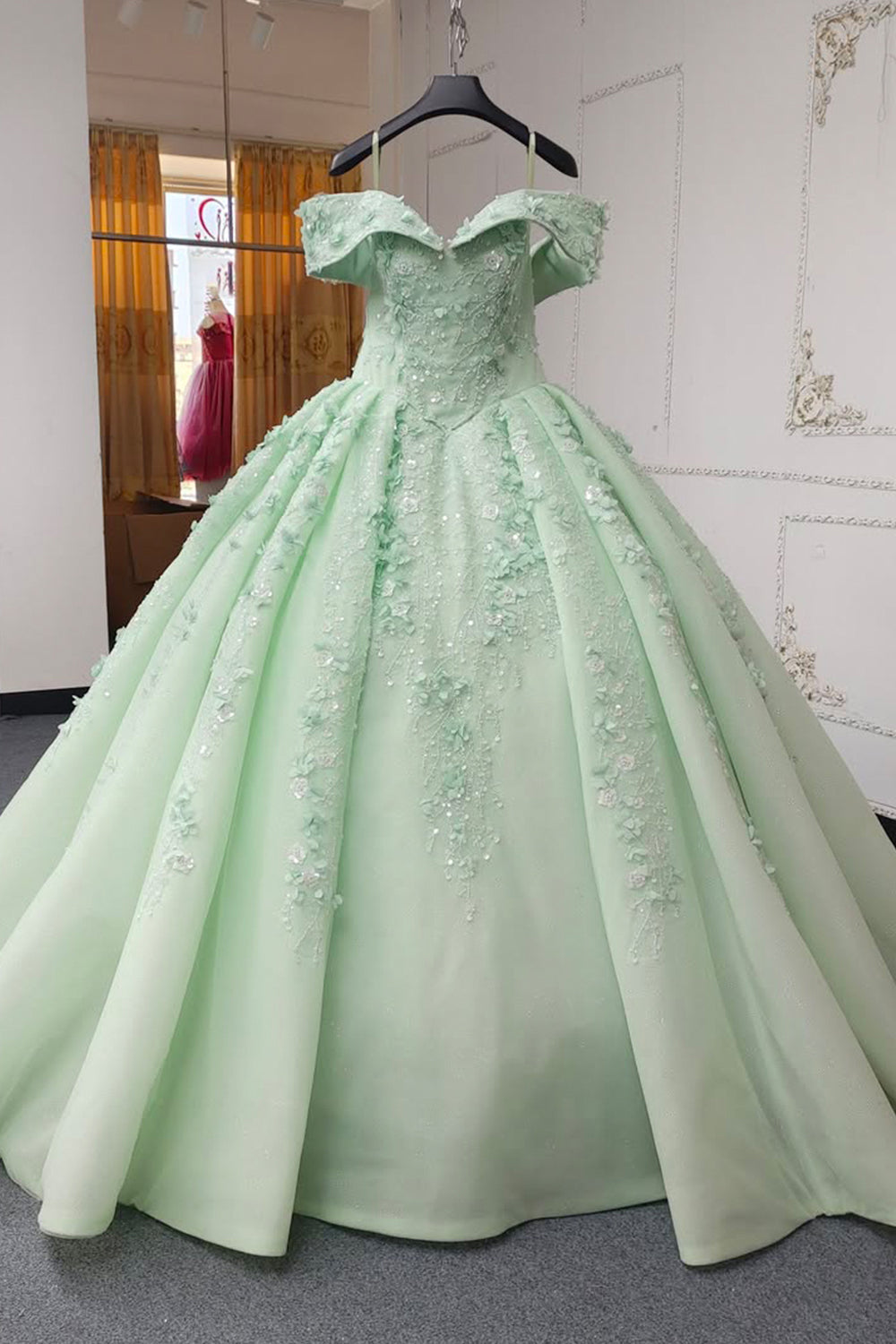 Princess A Line Off the Shoulder Green Ball Gown Quinceanera Dress with Beading Appliques - FashionDia