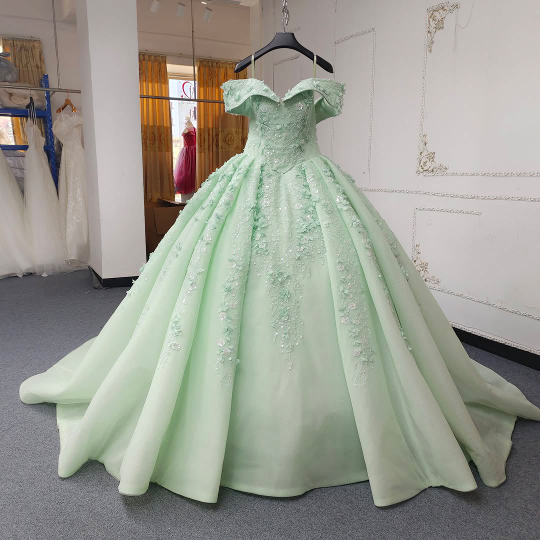 Princess A Line Off the Shoulder Green Ball Gown Quinceanera Dress with Beading Appliques - View 3 | FashionDia