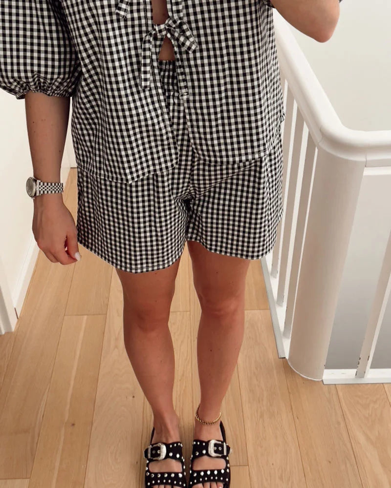 Women's lace-up plaid casual two-piece set - Fashionpara