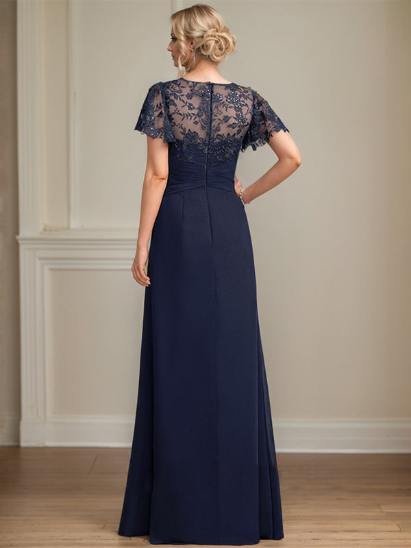 A-line Asymmetrical Illusion Floor-Length Lace Chiffon Mother of the Bride Dress With Cascading Ruffles Sequins - View 7 | FashionDia