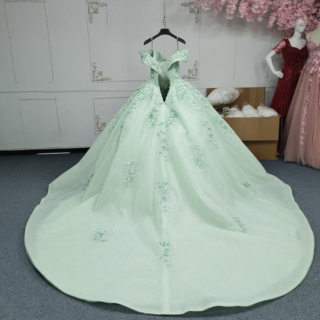 Princess A Line Off the Shoulder Green Ball Gown Quinceanera Dress with Beading Appliques - View 2 | FashionDia
