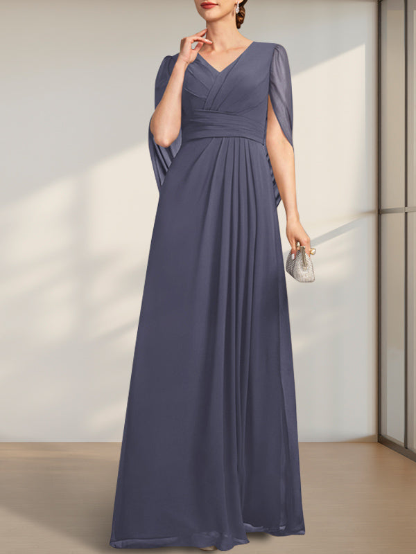 A-line V-Neck Floor-Length Chiffon Mother of the Bride Dress With Pleated - View 7 | FashionDia