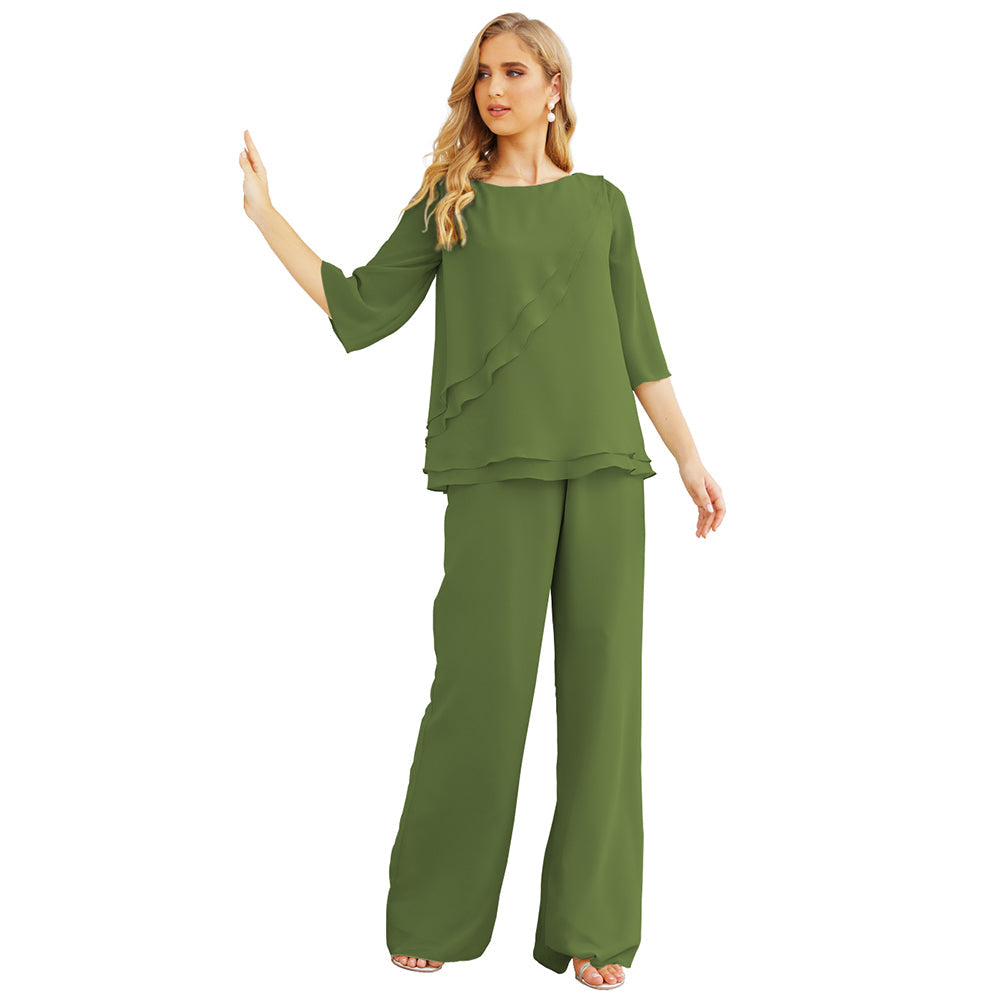 Sunnderly Chiffon Mother of The Bride Dress Plus Size Pant Suits Ruffle Layers