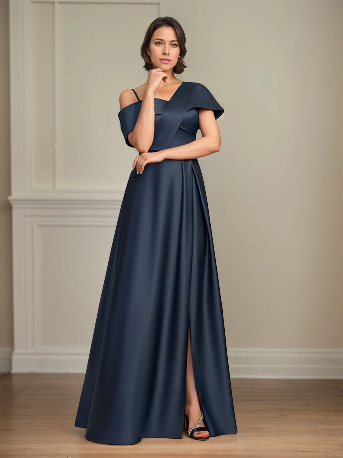 A-Line Asymmetrical Floor-Length Satin Mother of the Bride Dress With Pleated - FashionDia