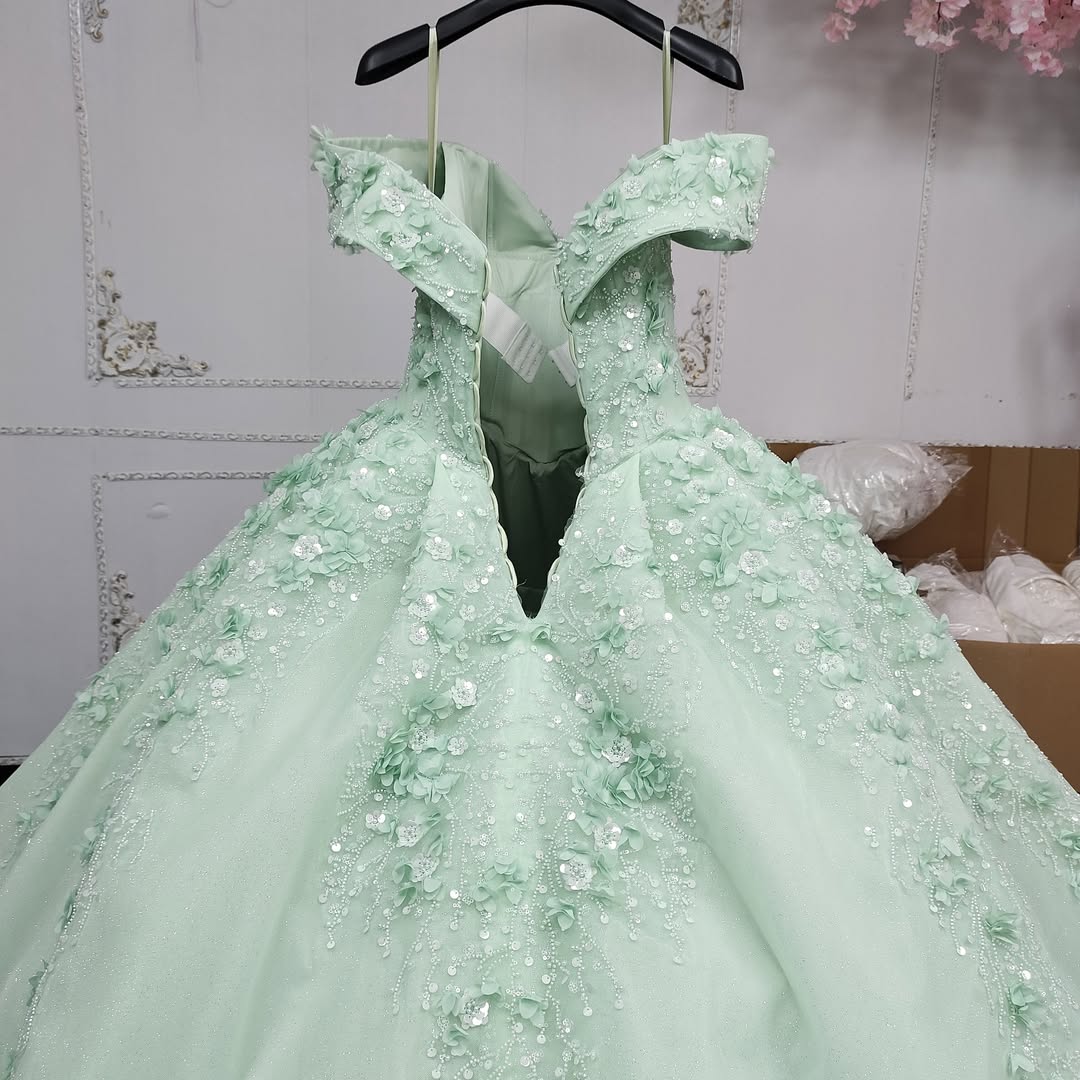 Princess A Line Off the Shoulder Green Ball Gown Quinceanera Dress with Beading Appliques - View 5 | FashionDia