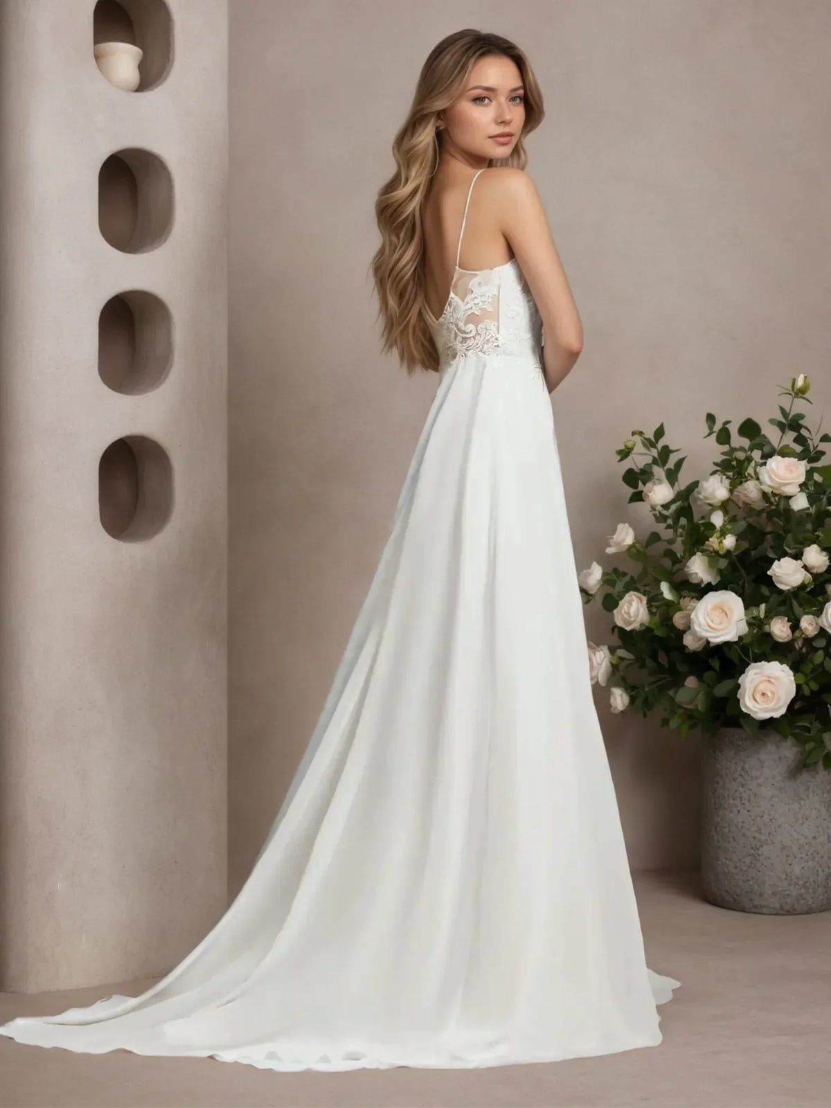 White A-Line Off-the-Shoulder Sleeveless Sequins Chiffon Wedding Dress - View 5 | FashionDia