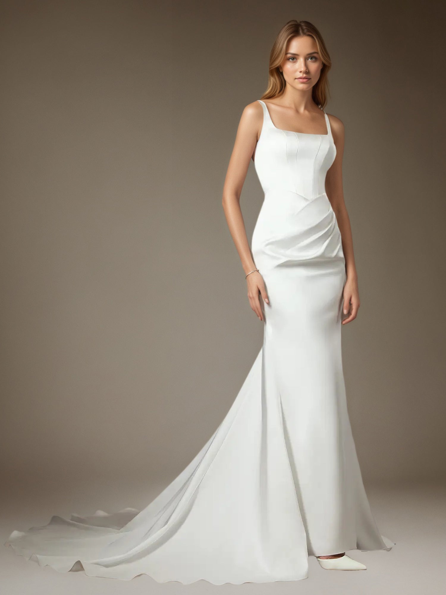 White Mermaid Square Neckline Double Faced Satin Wedding Dress