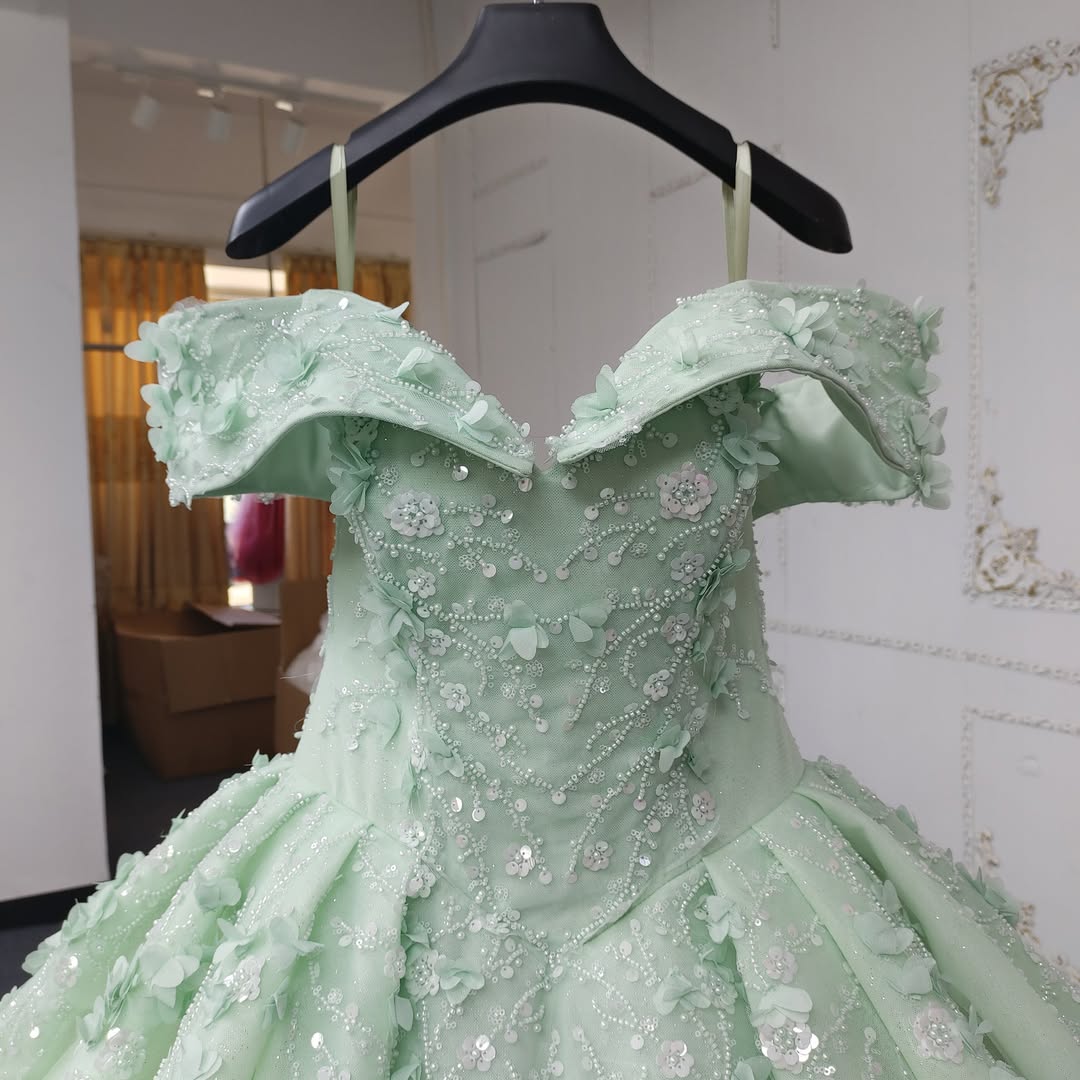 Princess A Line Off the Shoulder Green Ball Gown Quinceanera Dress with Beading Appliques - View 4 | FashionDia