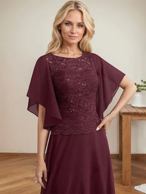 A-line Scoop Illusion Floor-Length Lace Chiffon Mother of the Bride Dress With Sequins - View 7 | FashionDia