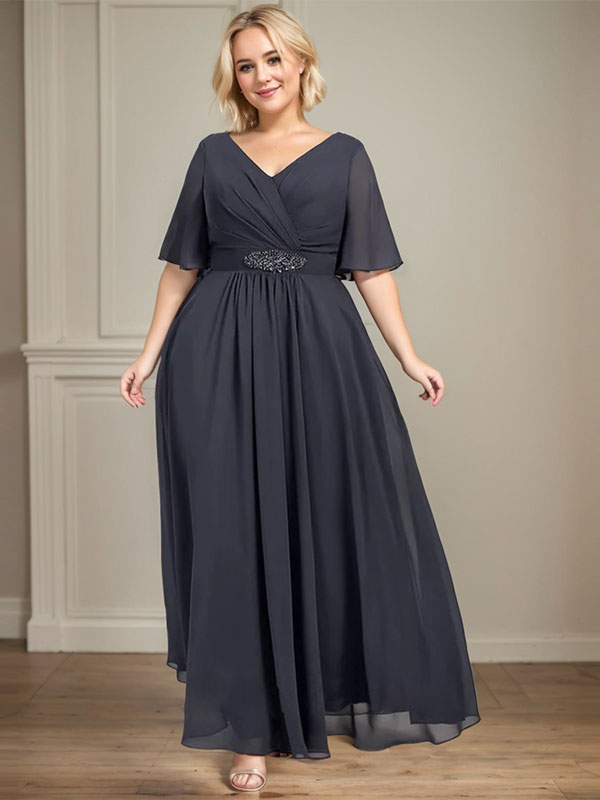 A-line V-Neck Ankle-Length Chiffon Mother of the Bride Dress With Pleated Beading Sequins - View 7 | FashionDia