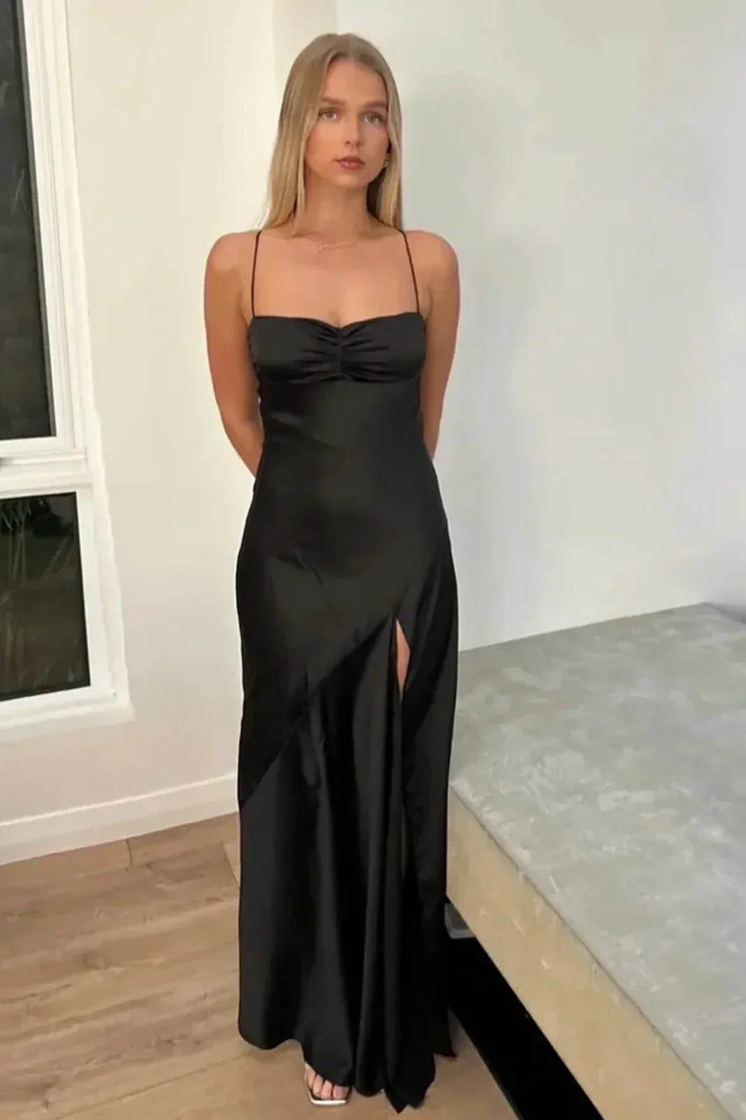 Simple Sheath Spaghetti Straps Pink Long Party Dress with Split Front