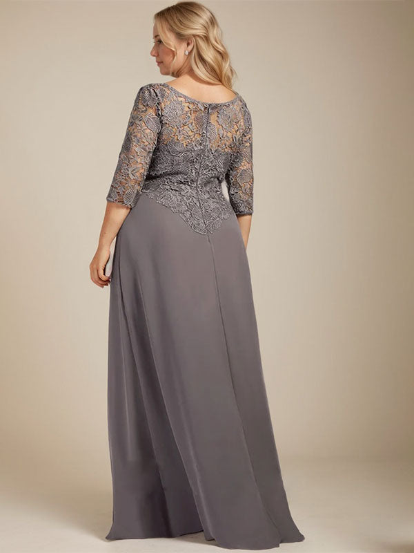 A-line Scoop Illusion Floor-Length Lace Chiffon Mother of the Bride Dress With Cascading Ruffles
