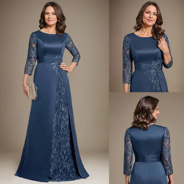 A-Line Scoop Floor-Length Lace Satin Mother Of the Bride Dress With Applique - View 7 | FashionDia