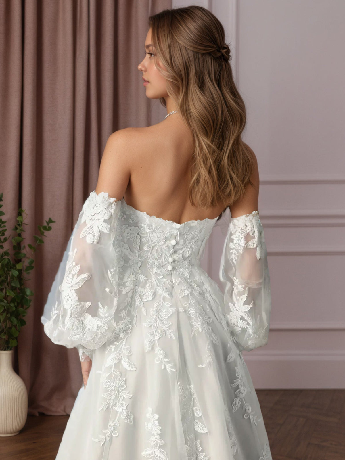 White Ball-Gown Strapless Lace Wedding Dress - View 7 | FashionDia