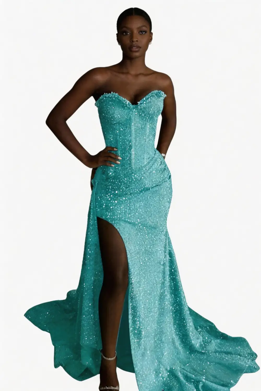 Lavender Sequin Strapless Sweetheart Mermaid Prom Dress with High Slit & Train by tangjianjun