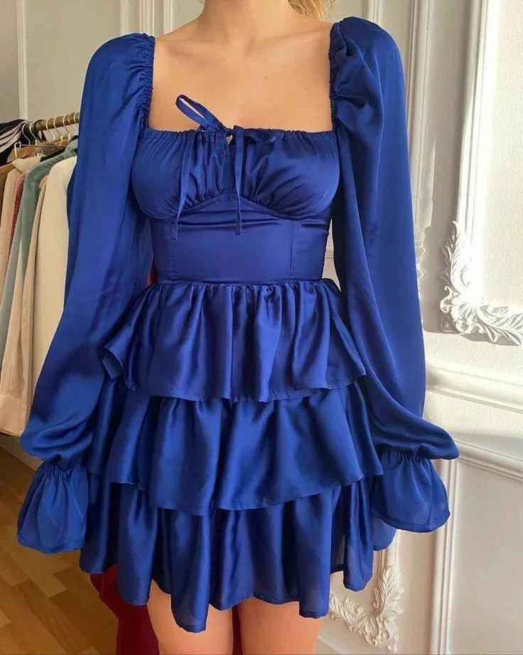 Royal Blue Square Neckline Homecoming Dress With Long Sleeves Retro Dress Y2467 by simplepromdress
