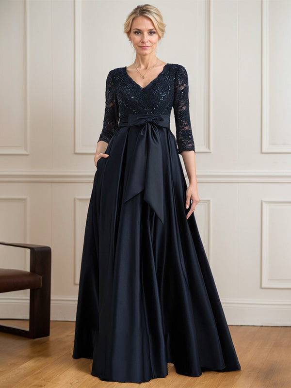 A-line V-Neck Floor-Length Satin Lace Mother of the Bride Dress With Sequins Bow - View 3 | FashionDia