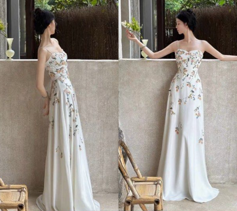 Spaghetti Straps White Satin Long Prom Dress,Elegant Evening Dress Wedding Dress With Appliques - View 3 | FashionDia