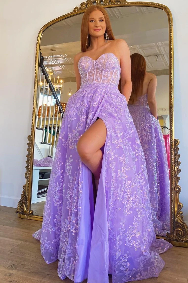 Sparkle Princess Bustier Puff Sleeve Lace Long Prom Dress Detachable Sleeves Evening Dress - VelvetHem