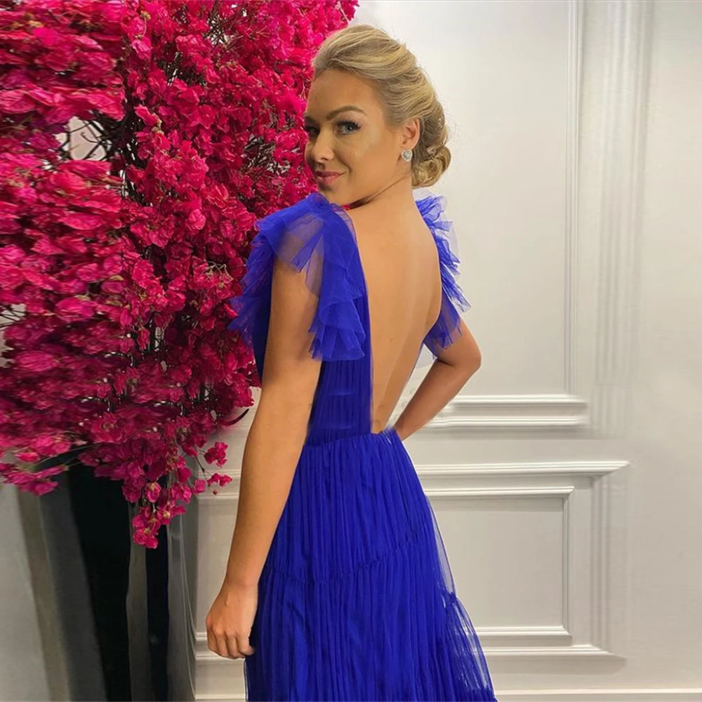 Sexy Tiered Tulle Deep V Neck Evening Gown Open Back Ruched Sweep Train Backless Side Cut Outs A Line Pleated Prom Dress Y4698 - View 2 | VelvetHem