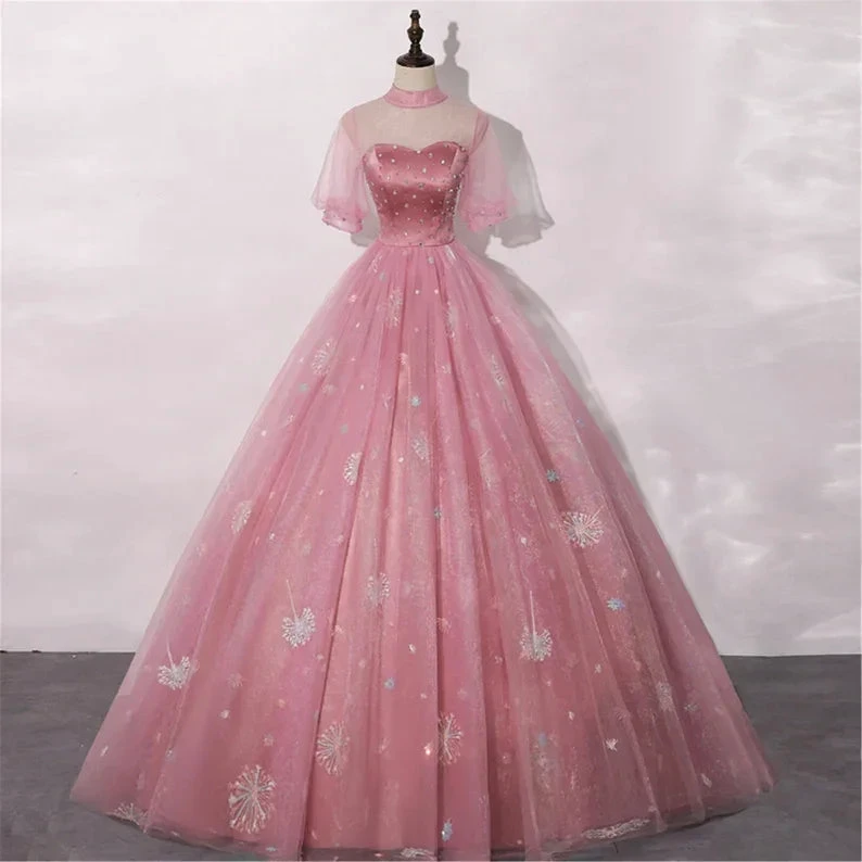 Blush Pink Quinceanera Dress Masquerade Dress A-Line Wedding Dress Floor Length High Neck Bridal Gown Short Sleeves Y2937 by simplepromdress