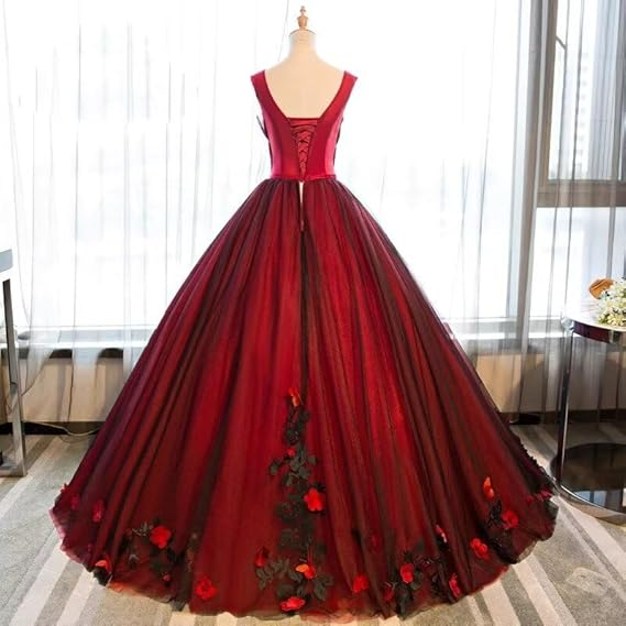 Black And Red Tulle Satin Appliques Sweet 16 Ball Gown Quinceanera Dress - View 3 | FashionDia