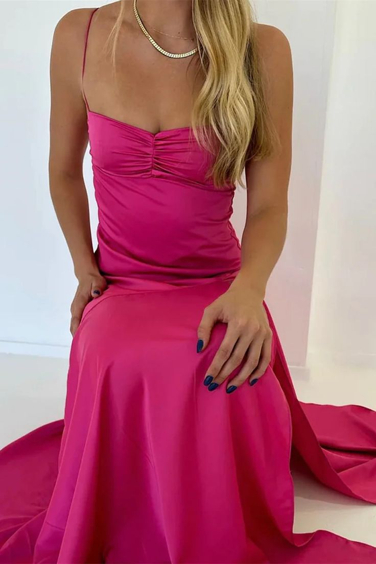 Charming Hot Pink Satin A-Line Evening Dress Long Prom Party Gown - FashionDia