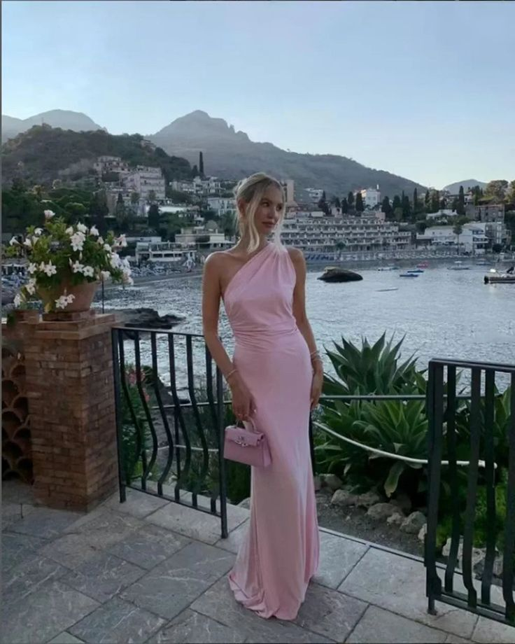 Pink One Shoulder Open Back Prom Dress Sheath Long Party Evening Gown