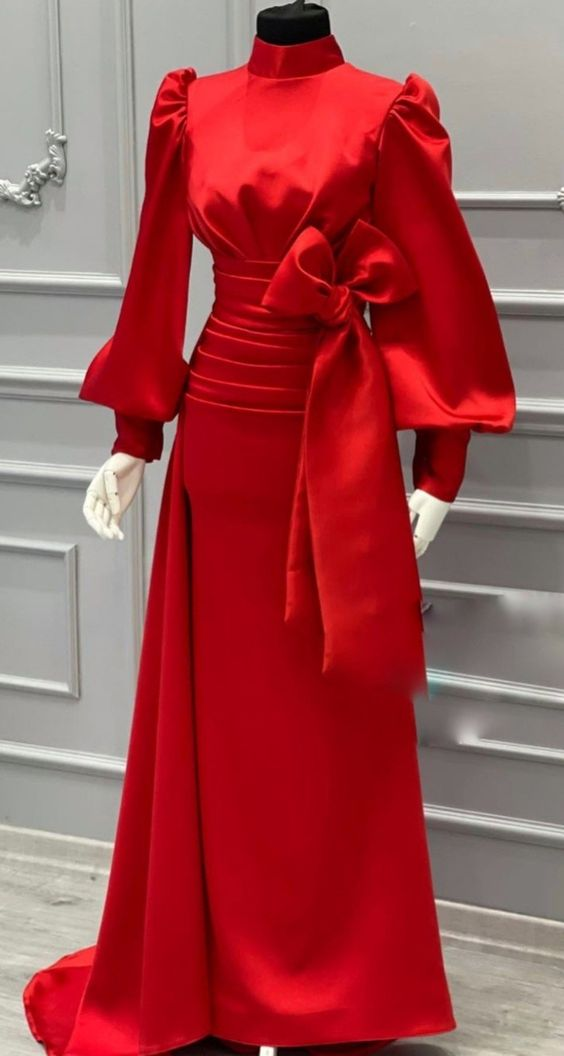 Red Satin Long Sleeve Prom Dress,Muslim Dress