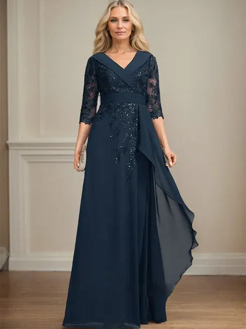 A-line Collared V-Neck Floor-Length Lace Chiffon Mother of the Bride Dress With Sequins Cascading Ruffles - View 7 | FashionDia