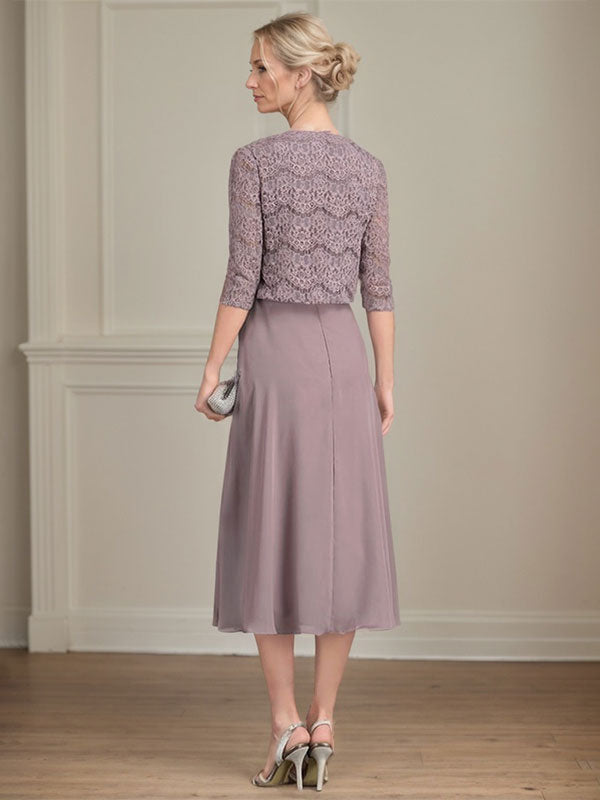 A-line Scoop Tea-Length Chiffon Mother of the Bride Dress With Pleated