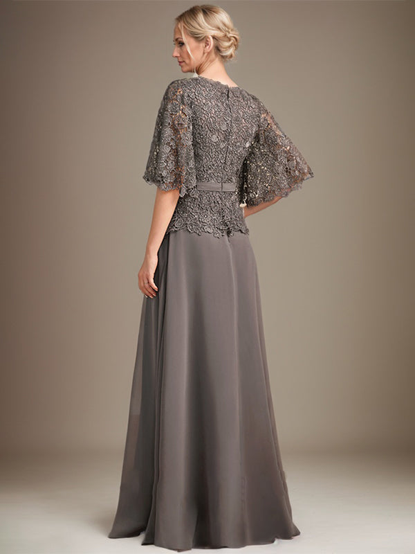 A-line V-Neck Floor-Length Chiffon Lace Mother of the Bride Dress With Crystal Brooch Rhinestone - View 7 | FashionDia