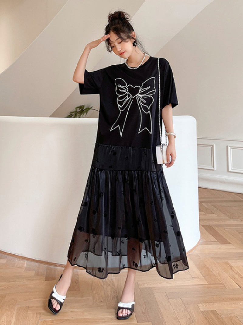 Summer Black Round Neck Short Sleeve A Line Casual Dress