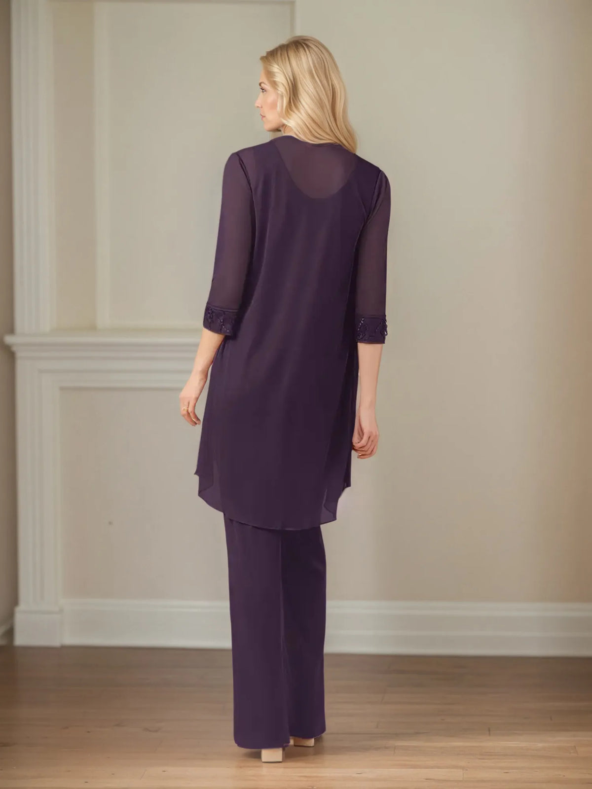 Jumpsuit/Pantsuit Scoop Neck 3/4 Sleeves Chiffon Mother of the Bride Dress - View 2 | FashionDia