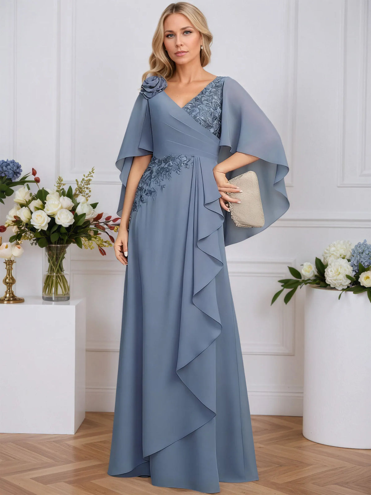A-line V-Neck Floor-Length Lace Chiffon Mother of the Bride Dress With 3D Floral Sequins Cascading Ruffles - View 5 | FashionDia
