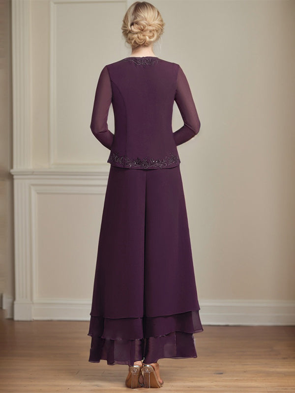 Separates Jumpsuit/Pantsuit Square Ankle-Length Lace Chiffon Mother of the Bride Dress With Sequins - View 7 | FashionDia