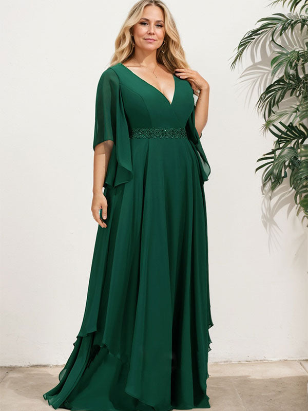 A-line V-Neck Floor-Length Chiffon Mother of the Bride Dress With Sequins Appliques Lace Beading - View 9 | FashionDia
