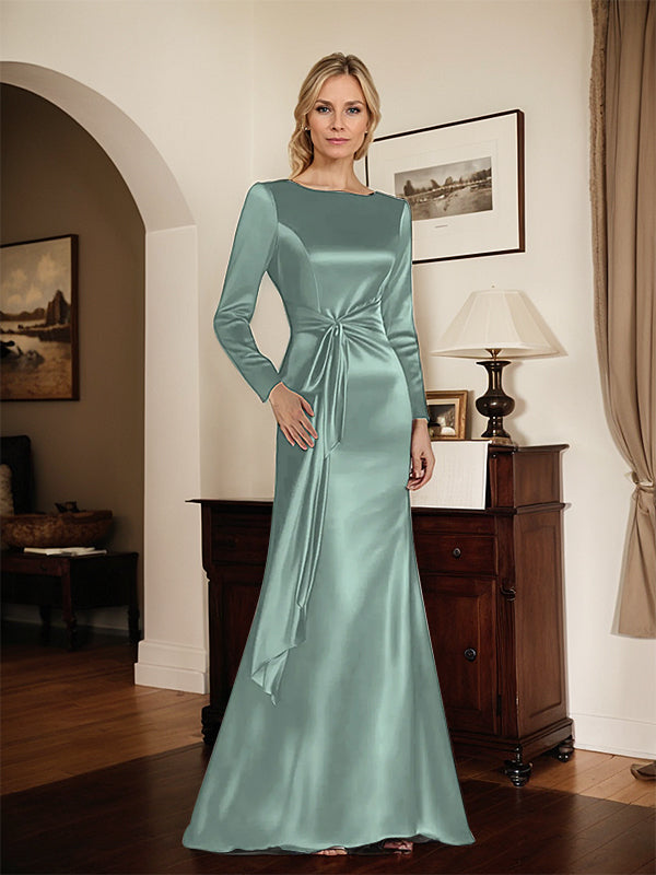 Satin Sheath Long Sleeves Mother of the Bride Dress with Side Waist - View 3 | FashionDia