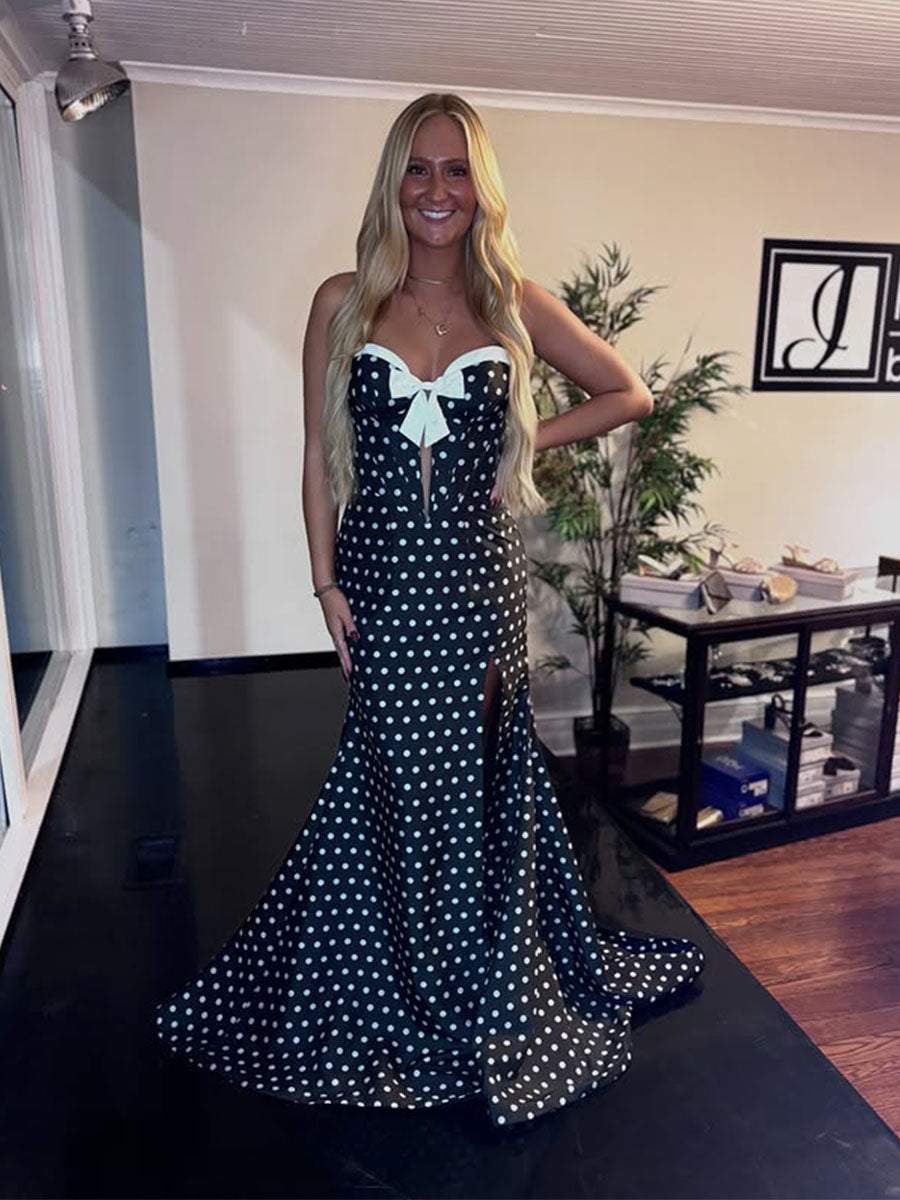 Black and White Polka Dot Bow Strapless Prom Dress with High Slit