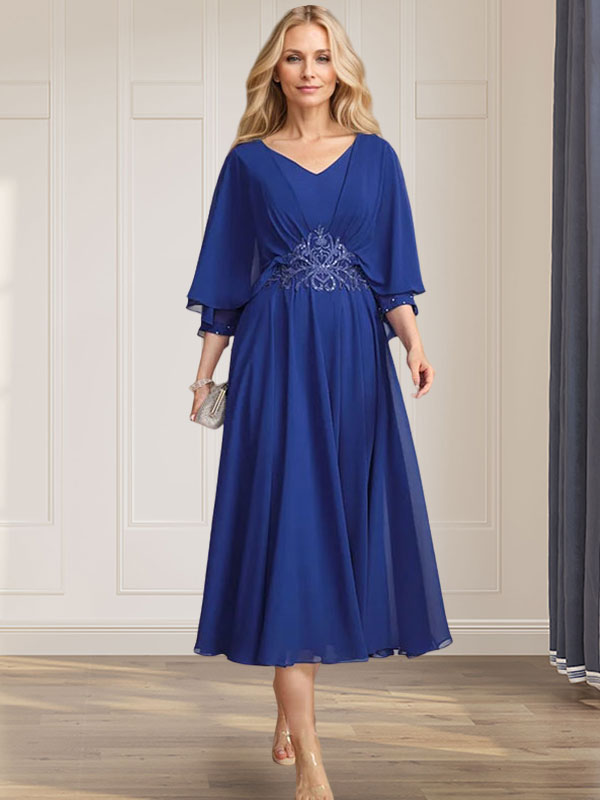 A-line V-Neck Tea-Length Chiffon Mother of the Bride Dress With Pleated Sequins Appliques Lace Beadind - View 7 | FashionDia