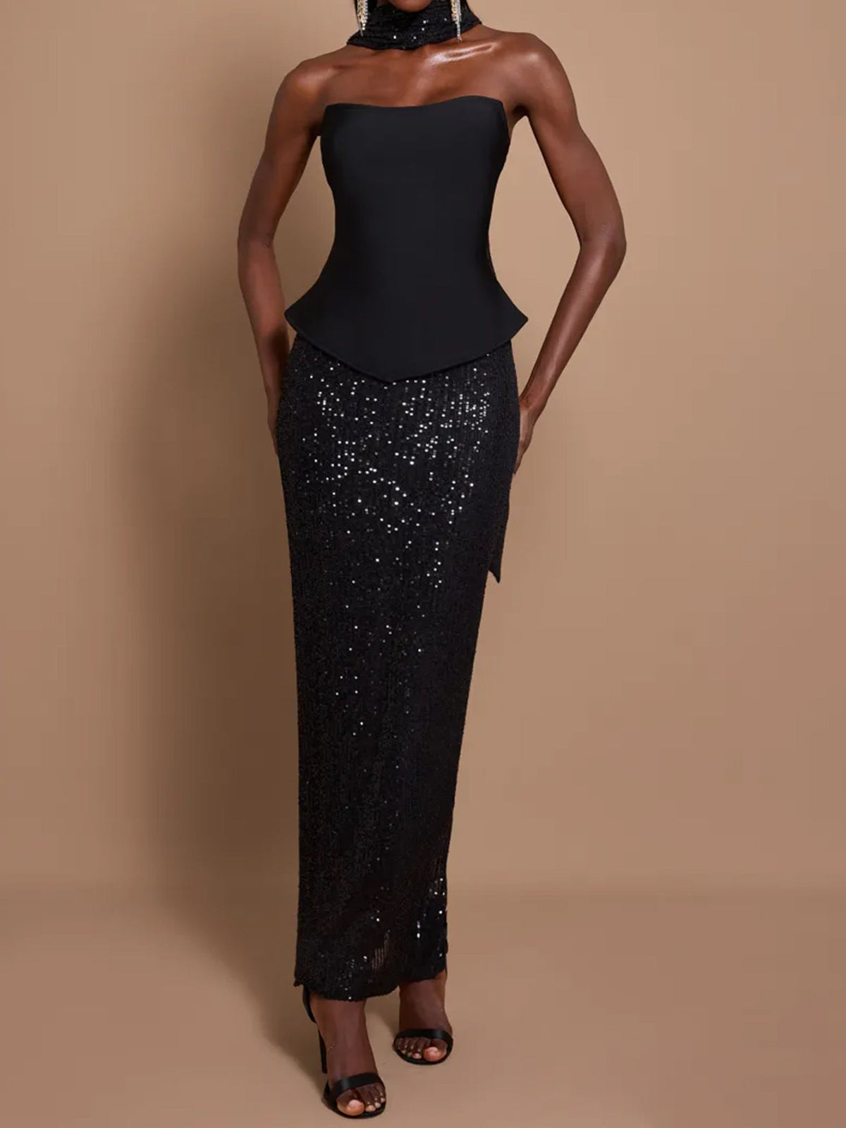 Off-Shoulder Bandage Top & Sequin Midi Skirt Set - FashionDia