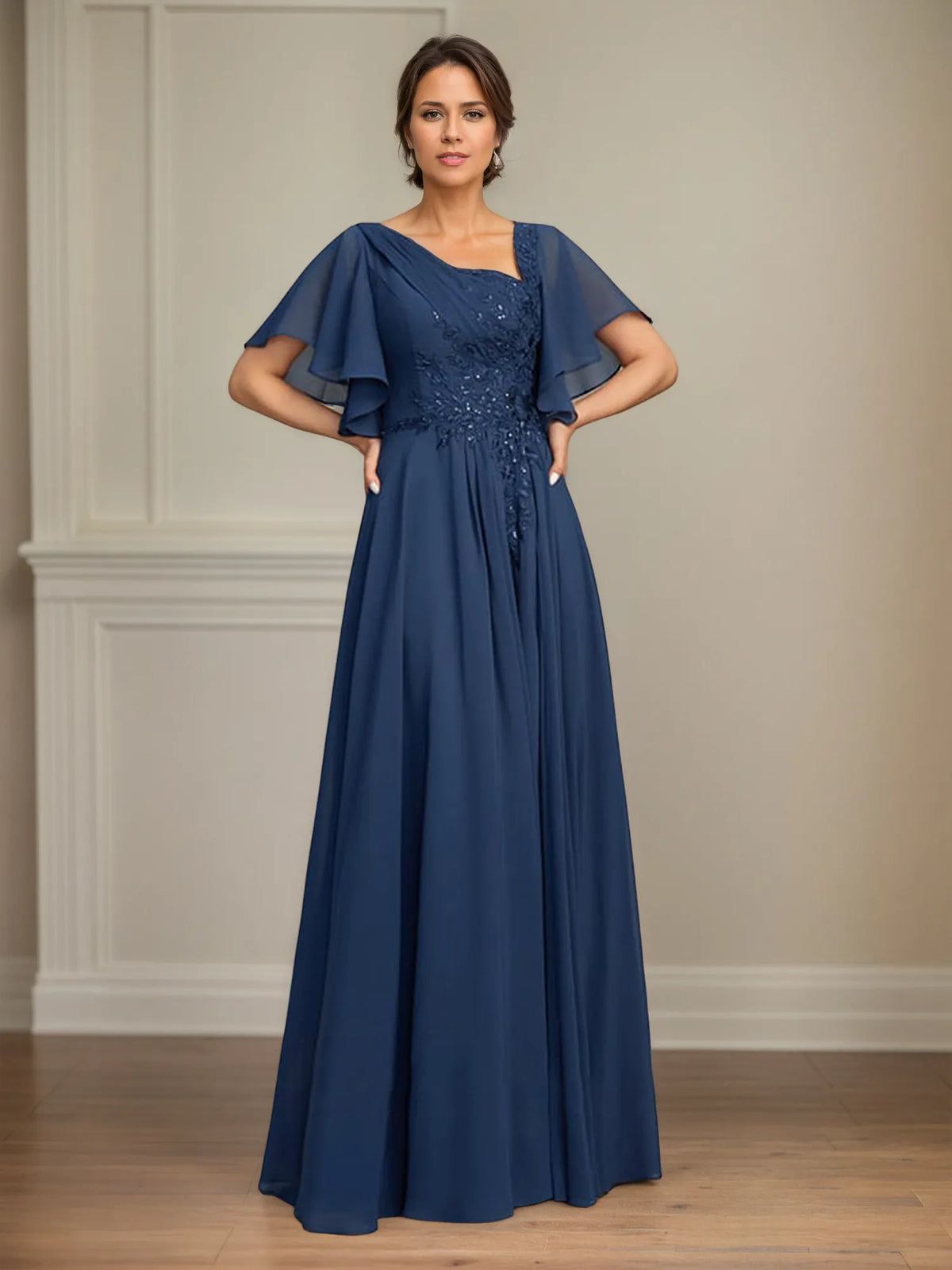 A-Line Asymmetrical Floor-Length Lace Chiffon Mother of the Bride Dress With Pleated Sequins - View 5 | FashionDia