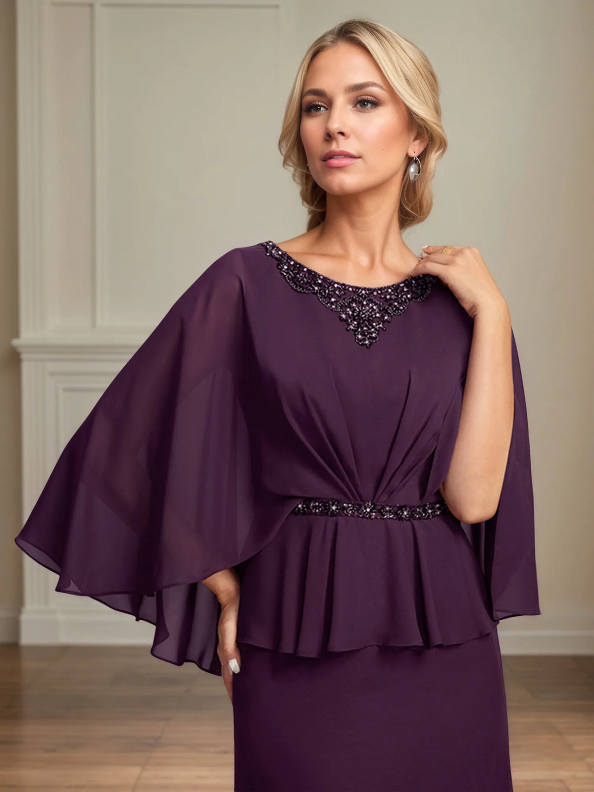 A-line Scoop Floor-Length Chiffon Mother of the Bride Dress With Pleated Sequins Beading - View 7 | FashionDia