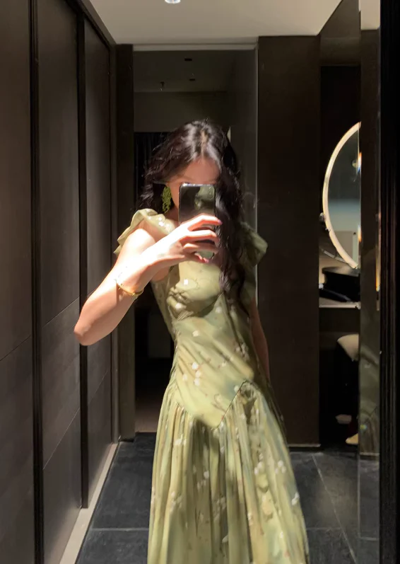 A-Line V-Neck Prom Party Dress Chiffon Green Flora Evening Dress - View 3 | FashionDia