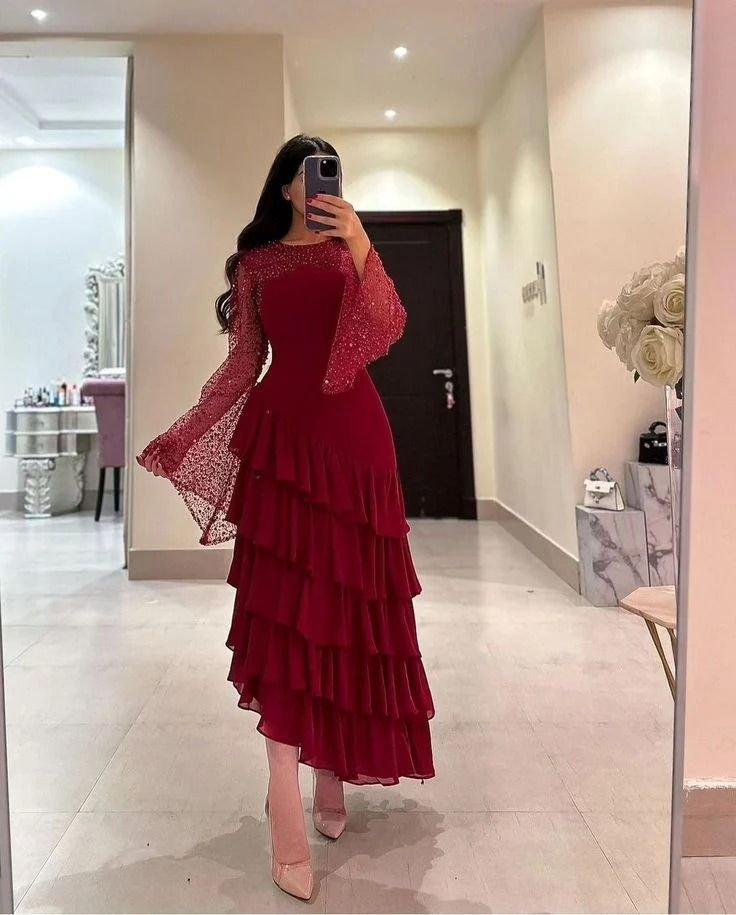 Women's Sequin Prom Dress Chiffon Tiered Burgundy Evening Dress Y7616 - VelvetHem