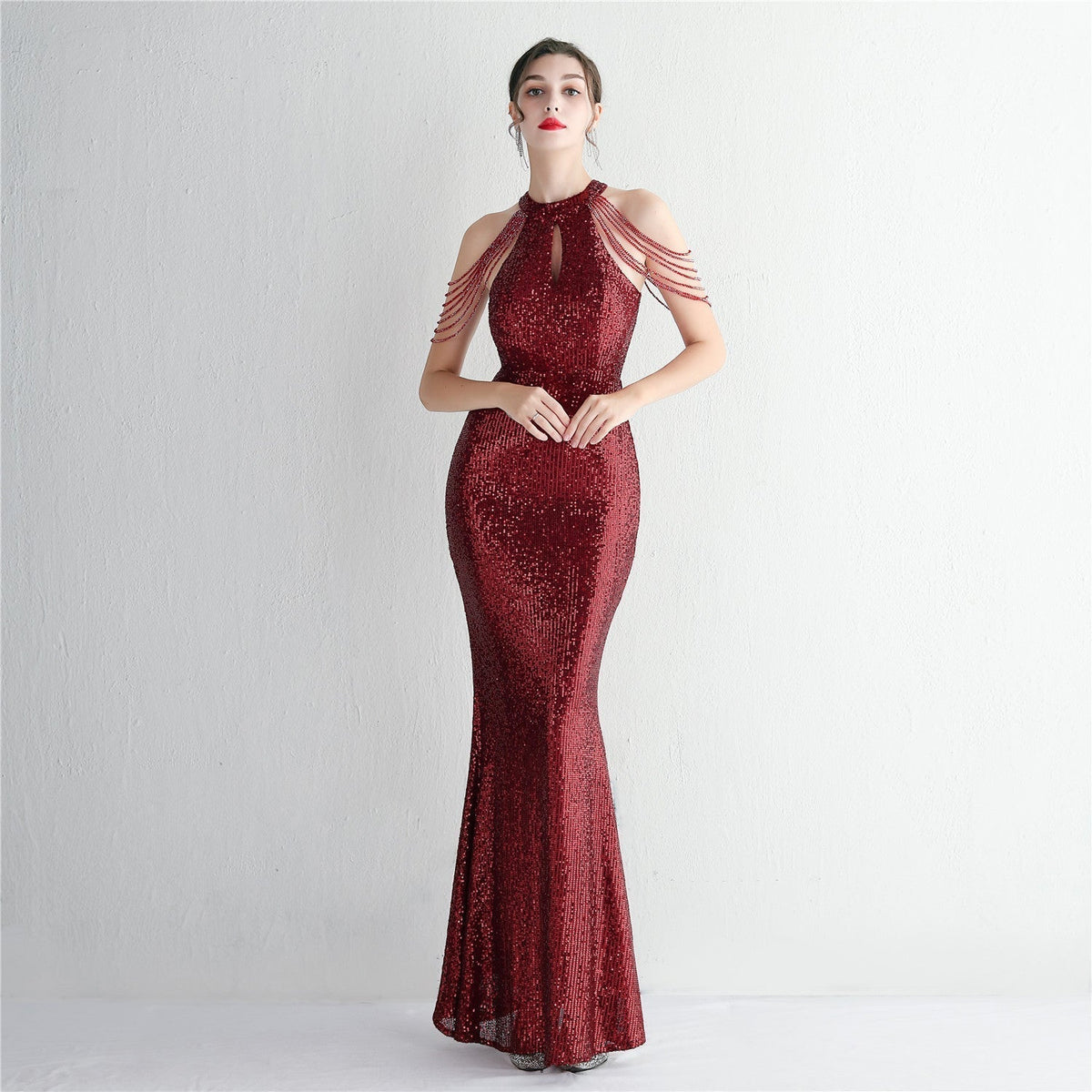 Sequined Craft Beading Cocktail Evening Dress Elegant Long Halter Slim Fit Fishtail - View 10 | VelvetHem