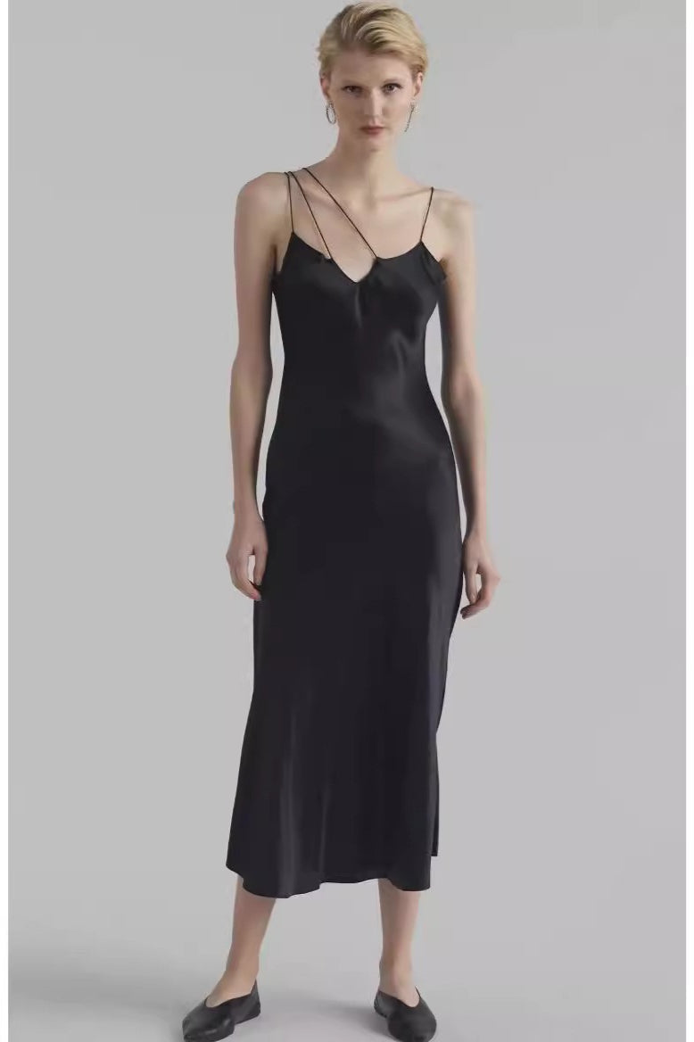 Asymmetrical Cami Solid Satin Silk Dress - View 3 | VelvetHem