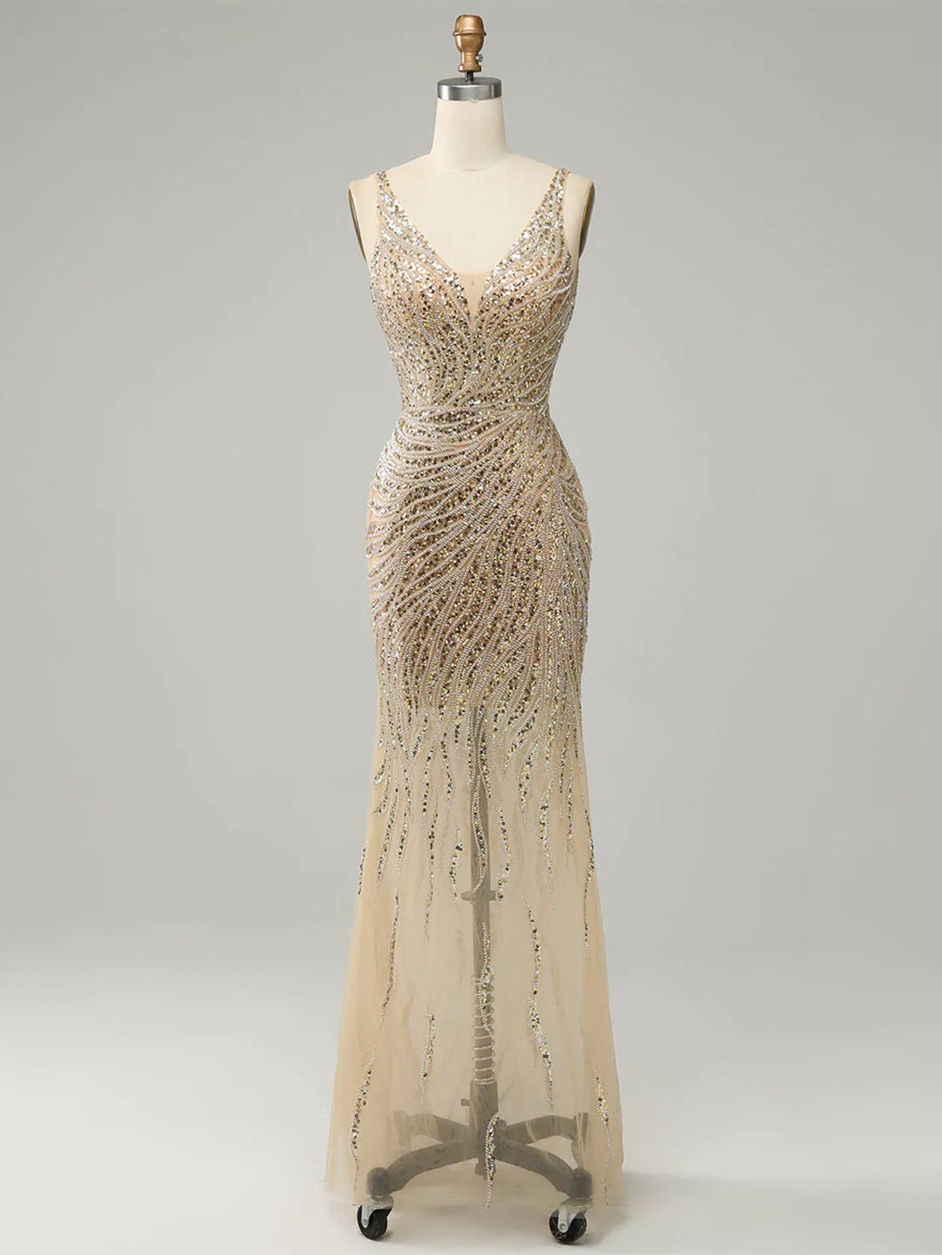 Golden Deep V Neck Stripes Backless Sleeveless Long Prom Dress - Fashionpara