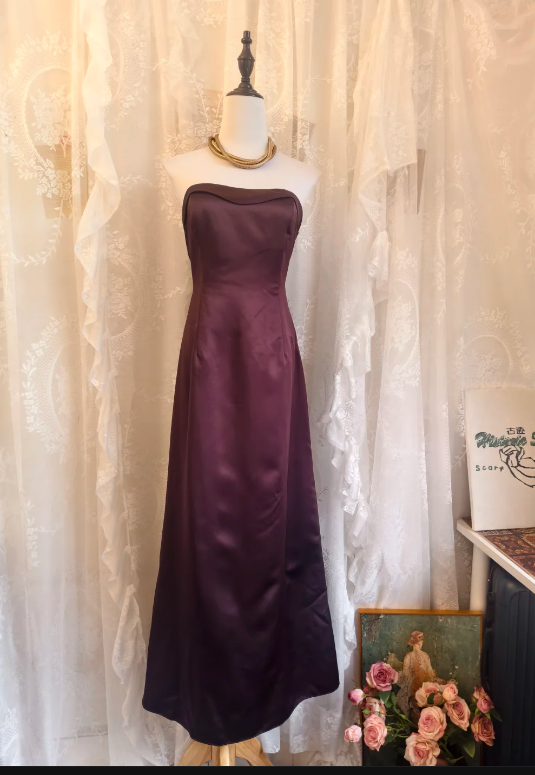 Strapless Burgundy Long Prom Dress Satin Simple Evening Dress